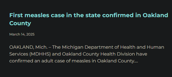 First measles case in the state confirmed in Oakland County