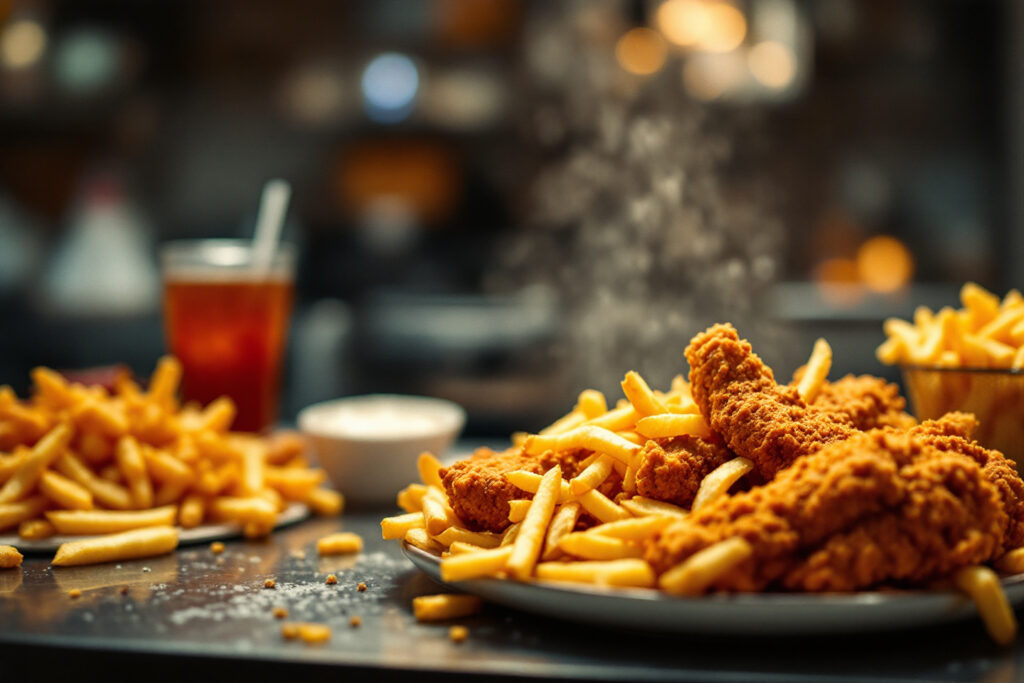 French fries, fried chicken